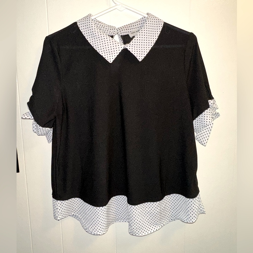 Faith and Joy - black and white with polka dots collard blouse- size medium